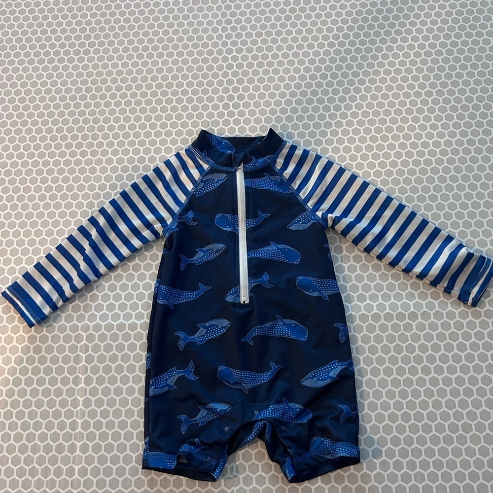 Little Lad Boys Navy White Striped w Whales Sunsuit Long Sleeves Swim Suit

18M